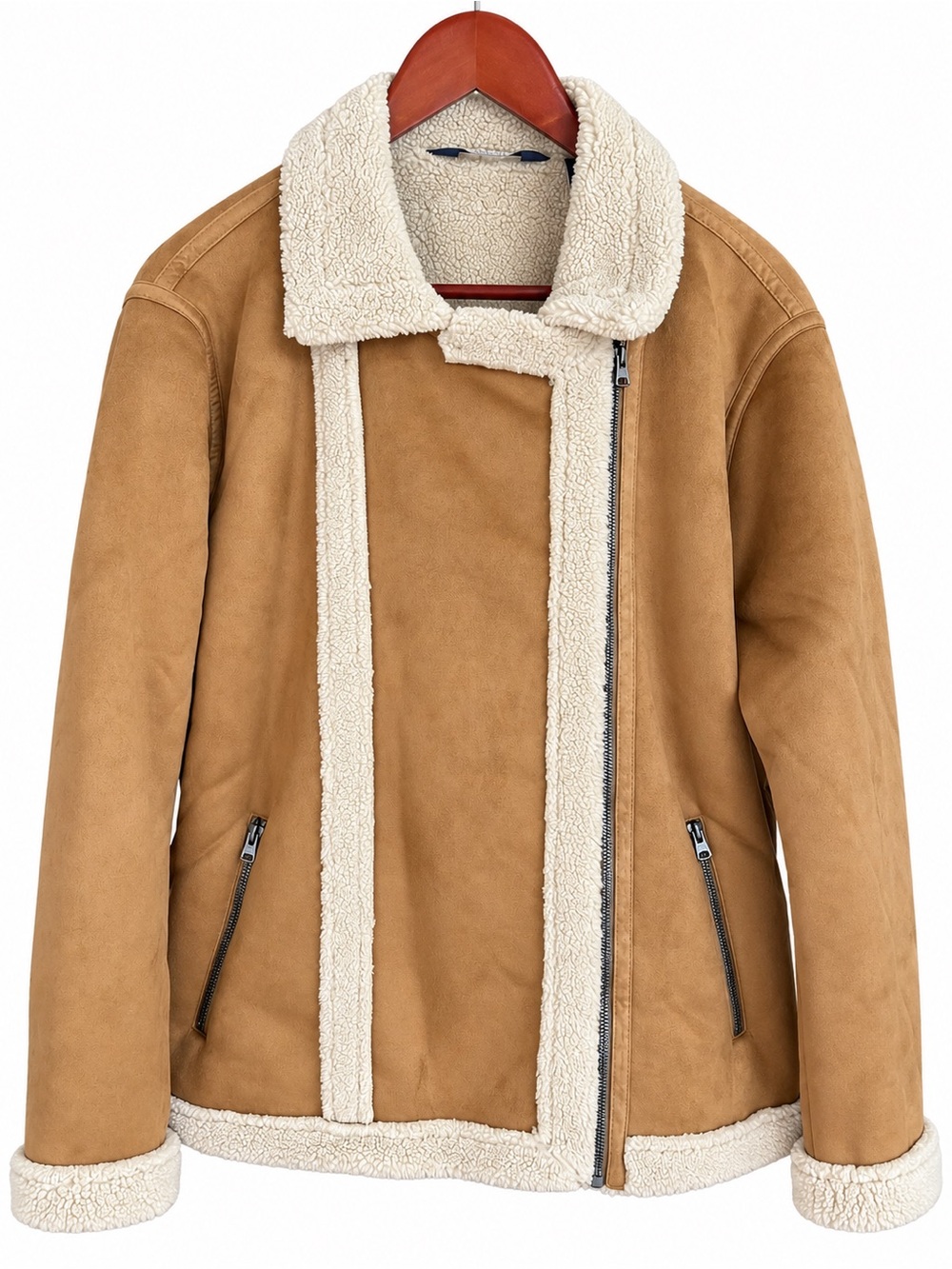 Lands' End Faux Shearling Moto Jacket Camel Women's XL New